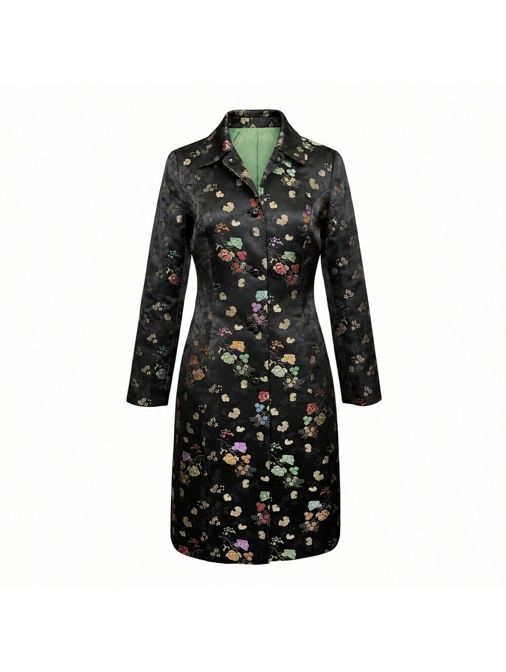 Vintage Satin Brocade After Dark Silk Blend Black Floral Long Coat Whimsical